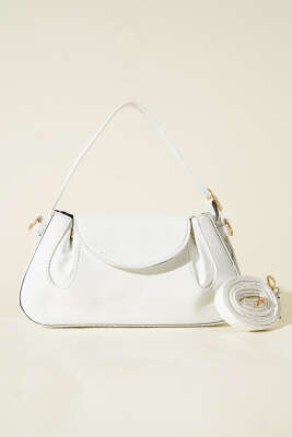 Yan Çıtçıtlı Rugan Çanta Beyaz - Thumbnail