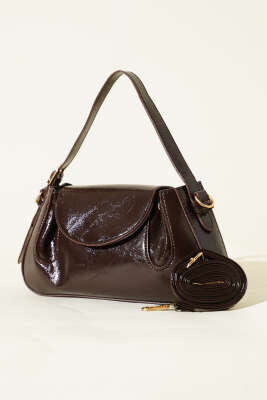 Yan Çıtçıtlı Rugan Çanta Acı Kahve - Thumbnail