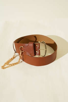 Pazarium - Zincir Detaylı Kalın Kemer Taba