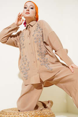 Pazarium - Boncuk İşlemeli Salaş İkili Takım Latte