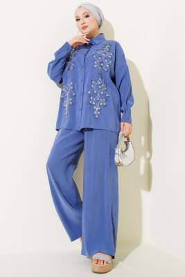 Pazarium - Boncuk İşlemeli Salaş İkili Takım İndigo