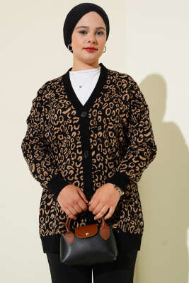 Düğmeli Leopar Desenli Triko Hırka Siyah Latte - Thumbnail