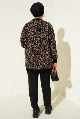 Düğmeli Leopar Desenli Triko Hırka Siyah Latte - Thumbnail