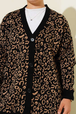 Düğmeli Leopar Desenli Triko Hırka Siyah Latte - Thumbnail