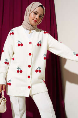Pazarium - Kiraz Desenli Düğmeli Triko Hırka Ekru