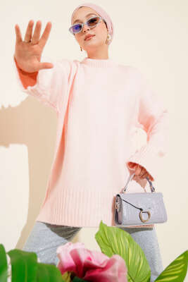 Pazarium - Basic Oversize Triko Tunik Pudra