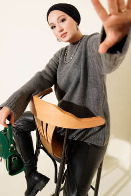 Pazarium - Basic Oversize Triko Tunik Füme