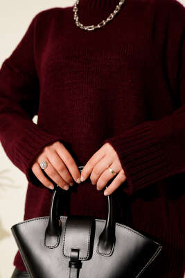 Basic Oversize Triko Tunik Bordo - Thumbnail