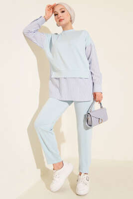 Pazarium - Çizgili Garnili Tunik İkili Takım Bebe Mavi