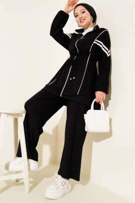 Pazarium - Loyşa Bel Tünelli Şeritli İkili Takım Siyah