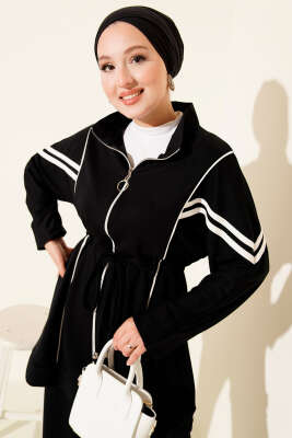 Loyşa Bel Tünelli Şeritli İkili Takım Siyah - Thumbnail