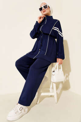 Loyşa Bel Tünelli Şeritli İkili Takım Lacivert - Thumbnail