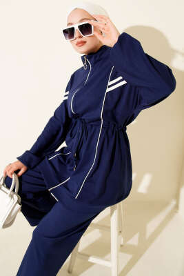 Loyşa Bel Tünelli Şeritli İkili Takım Lacivert - Thumbnail