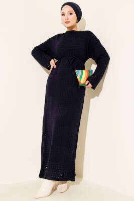 Pazarium - Ajurlu İp Kuşaklı Triko Elbise Lacivert