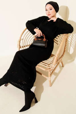 Pazarium - Ajurlu İp Kuşaklı Triko Elbise Siyah