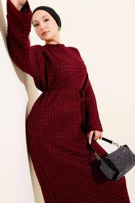 Pazarium - Ajurlu İp Kuşaklı Triko Elbise Bordo