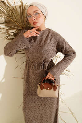 İp Kuşaklı Ajurlu Triko Elbise Vizon - Thumbnail