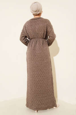 İp Kuşaklı Ajurlu Triko Elbise Vizon - Thumbnail