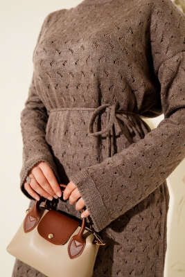 İp Kuşaklı Ajurlu Triko Elbise Vizon - Thumbnail