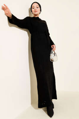 Pazarium - İp Kuşaklı Ajurlu Triko Elbise Siyah