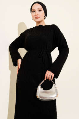 İp Kuşaklı Ajurlu Triko Elbise Siyah - Thumbnail