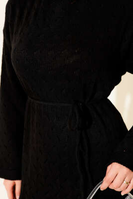 İp Kuşaklı Ajurlu Triko Elbise Siyah - Thumbnail