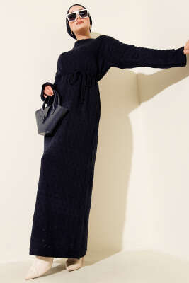 İp Kuşaklı Ajurlu Triko Elbise Lacivert - Thumbnail