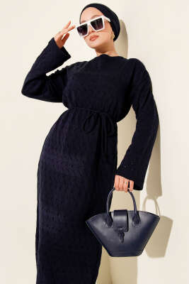 İp Kuşaklı Ajurlu Triko Elbise Lacivert - Thumbnail