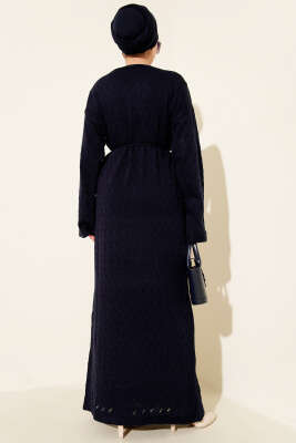 İp Kuşaklı Ajurlu Triko Elbise Lacivert - Thumbnail