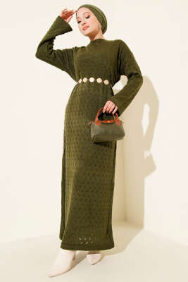 İp Kuşaklı Ajurlu Triko Elbise Haki - Thumbnail