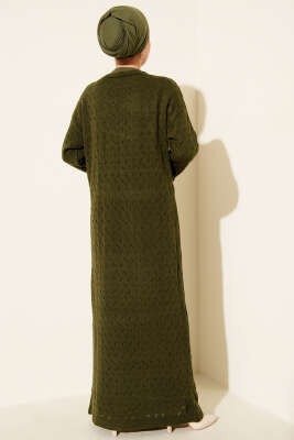 İp Kuşaklı Ajurlu Triko Elbise Haki - Thumbnail