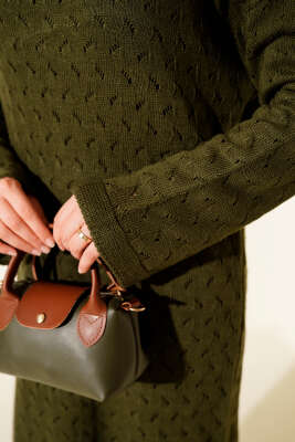 İp Kuşaklı Ajurlu Triko Elbise Haki - Thumbnail