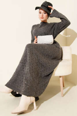 İp Kuşaklı Ajurlu Triko Elbise Füme - Thumbnail