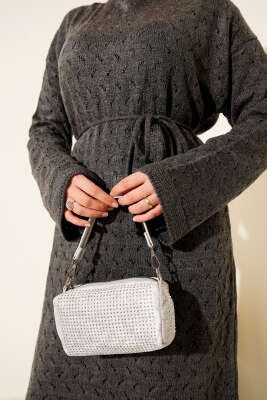 İp Kuşaklı Ajurlu Triko Elbise Füme - Thumbnail