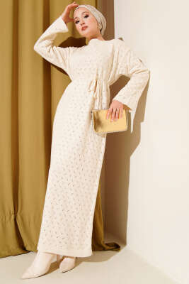 İp Kuşaklı Ajurlu Triko Elbise Ekru - Thumbnail