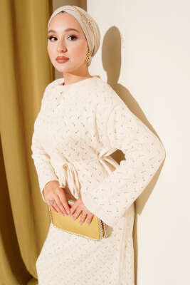 İp Kuşaklı Ajurlu Triko Elbise Ekru - Thumbnail