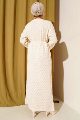 İp Kuşaklı Ajurlu Triko Elbise Ekru - Thumbnail