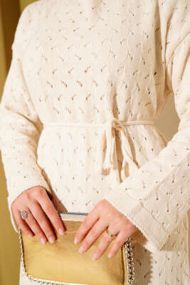 İp Kuşaklı Ajurlu Triko Elbise Ekru - Thumbnail