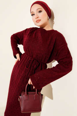 İp Kuşaklı Ajurlu Triko Elbise Bordo - Thumbnail