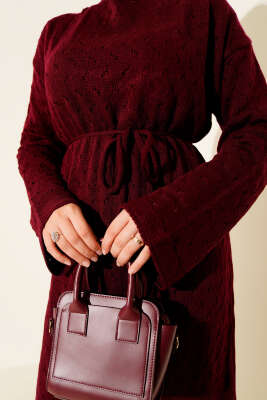 İp Kuşaklı Ajurlu Triko Elbise Bordo - Thumbnail