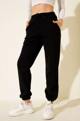 Lastikli Üç İplik Jogger Pantolon Siyah - Thumbnail