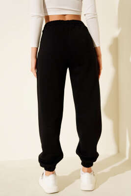 Lastikli Üç İplik Jogger Pantolon Siyah - Thumbnail