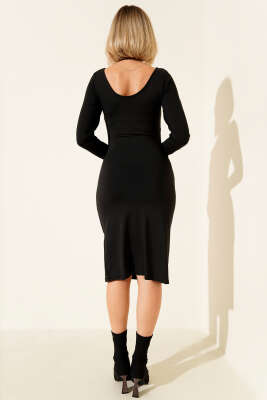 Yanları Büzgülü Uzun Kol Midi Elbise Siyah - Thumbnail