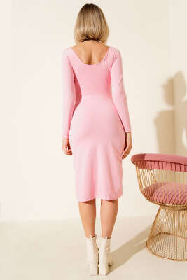 Yanları Büzgülü Uzun Kol Midi Elbise Pembe - Thumbnail