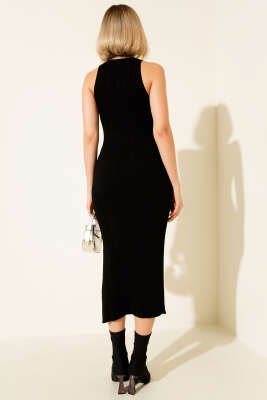 Sıfır Kol Yırtmaçlı Midi Triko Elbise Siyah - Thumbnail