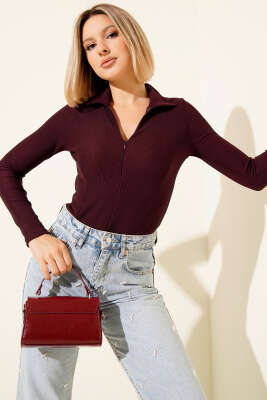 Yarım Fermuarlı Kaşkorse Bluz Mürdüm - Thumbnail