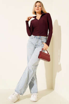 Yarım Fermuarlı Kaşkorse Bluz Mürdüm - Thumbnail