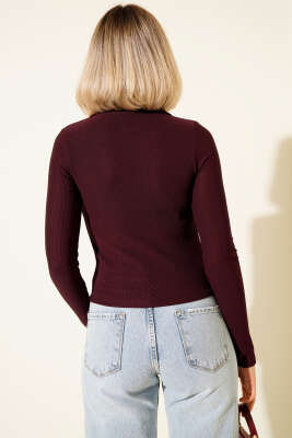 Yarım Fermuarlı Kaşkorse Bluz Mürdüm - Thumbnail