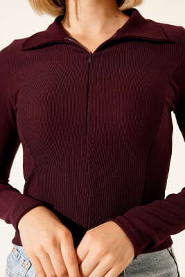 Yarım Fermuarlı Kaşkorse Bluz Mürdüm - Thumbnail