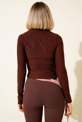 Yarım Fermuarlı Kaşkorse Bluz Kahve - Thumbnail